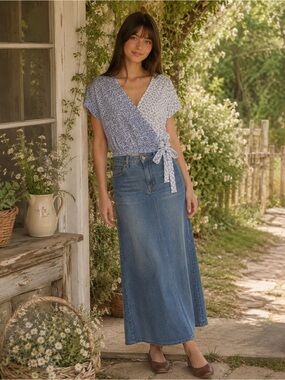 Paper Crane Blue and White Floral Wrap Crop Top XS
